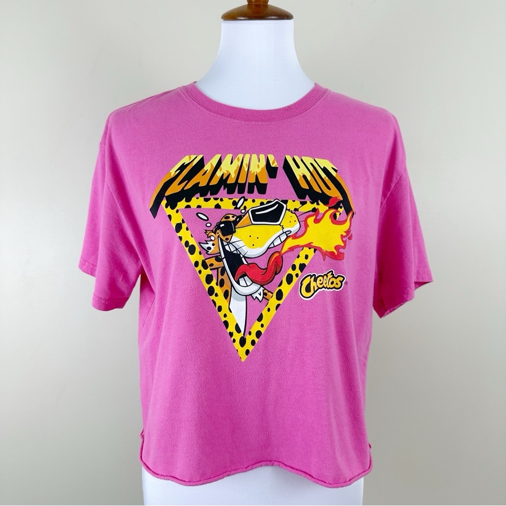 Cheetos Flamin' Hot Crop Top Medium Pink Animal Print Yellow Short Sleeve